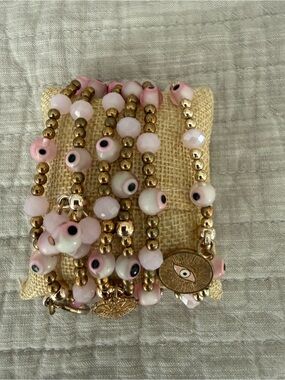 Set of 6 Gold and Pink Beaded Evil Eye Charm String Bracelet - Women Jewelry